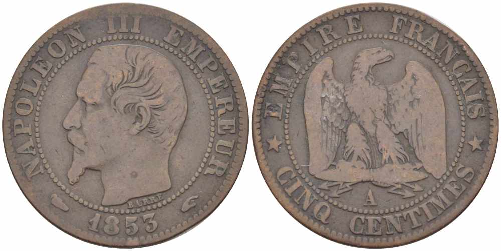 ФРАНЦИЯ 5 САНТИМОВ 1853 A, НАПОЛЕОН III (1852-1870) KM 777.1, LE FRANC 116.1 бронза 108-244