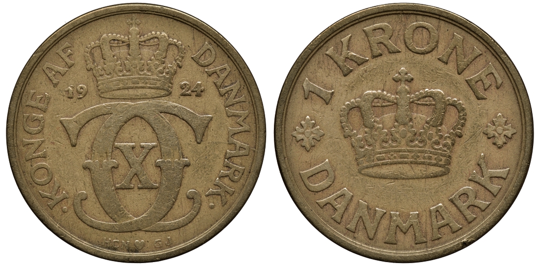 Дания 1 крона 1924 HCN, GJ, редкая KM 824.1 алюминиевая бронза 00-817-01