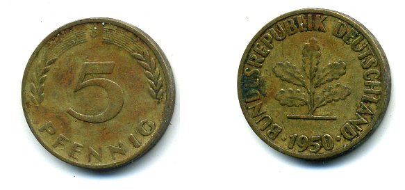 ФРГ 5 ПФЕННИГОВ 1950 D KM 107, J. 382 сталь плакированная латунью 46-223