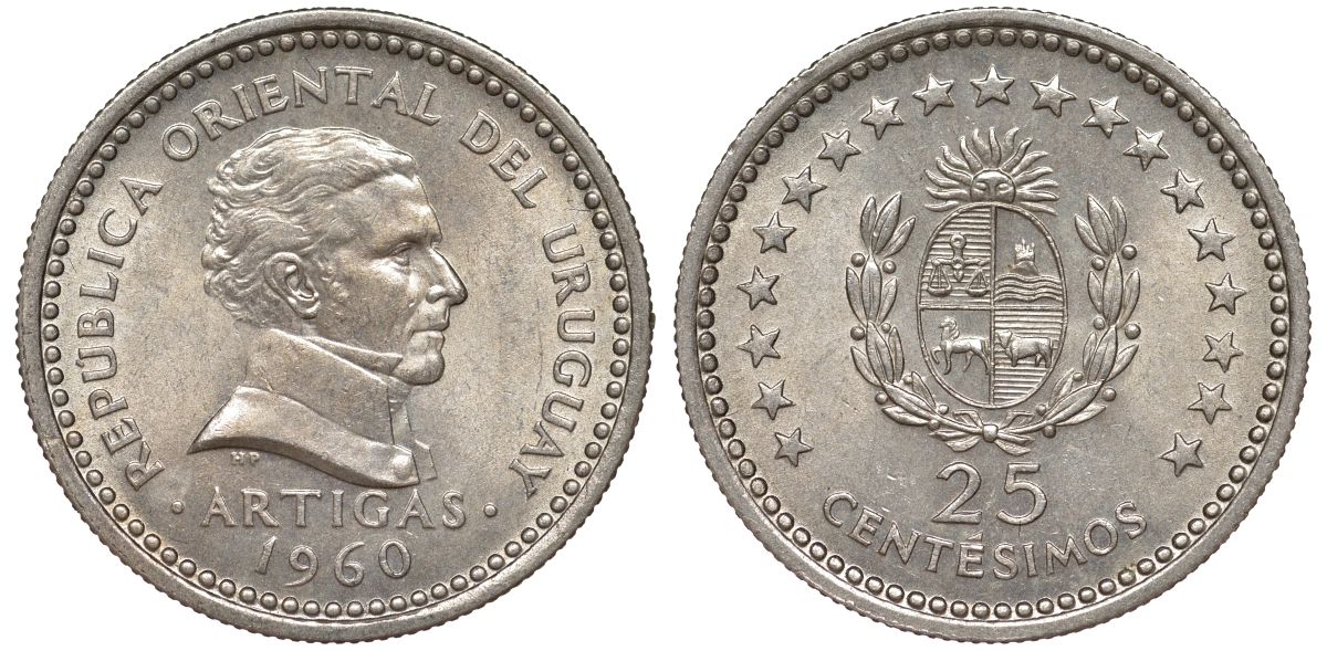 Уругвай 25 сентесимо 1960 KM 40 медно-никель 4576-256