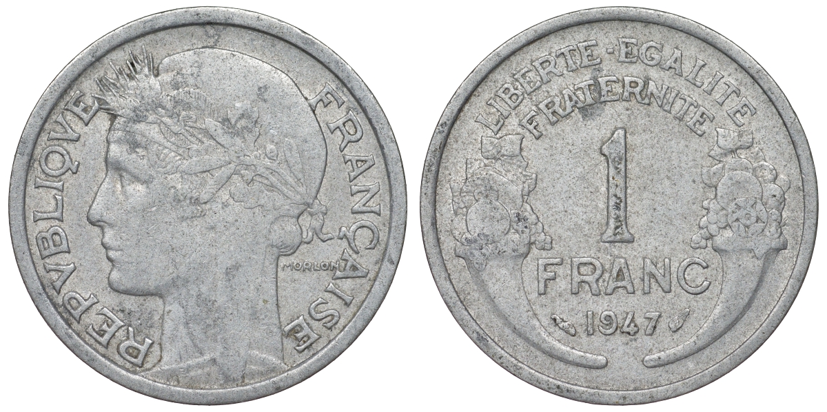 ФРАНЦИЯ 1 ФРАНК 1947 KM 885а.1 алюминий 71-1125