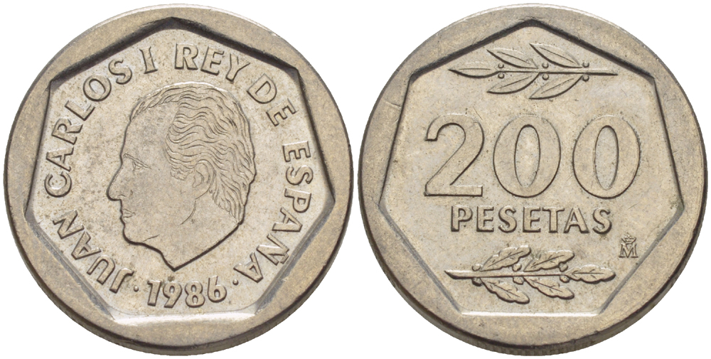 ИСПАНИЯ 200 ПЕСЕТ 1986 ХУАН КАРЛОС I ( 1975-) KM 829 медно-никель 216-512