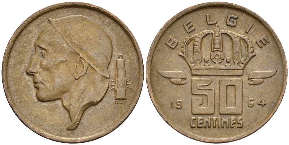 БЕЛЬГИЯ 50 САНТИМОВ 1964 BELGIE KM 149.1 бронза 4528-959