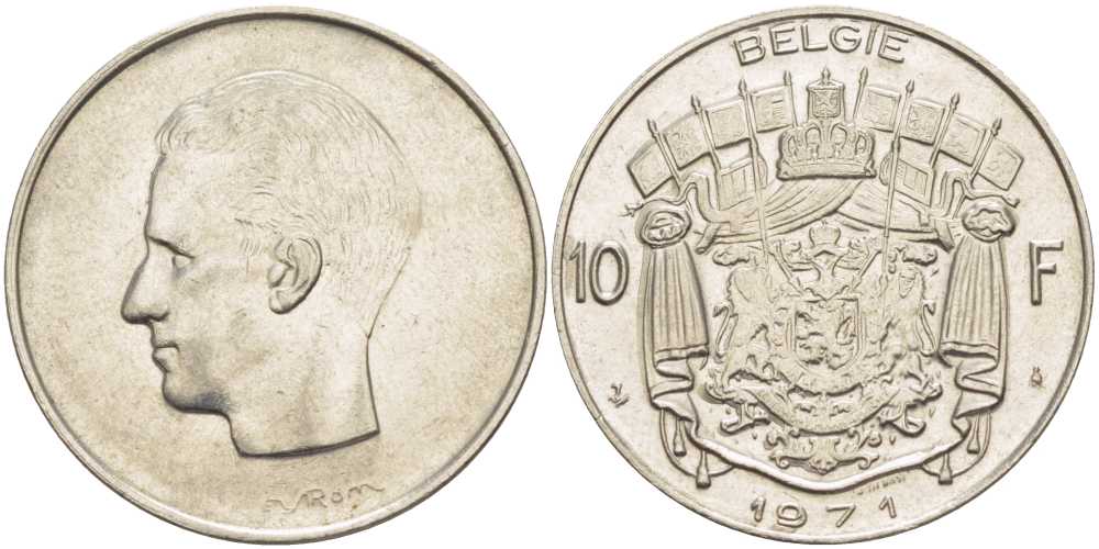 БЕЛЬГИЯ 10 ФРАНКОВ 1971 BELGIE, БОДУЭН I (1951-1993) KM 156.1 никель 38-631