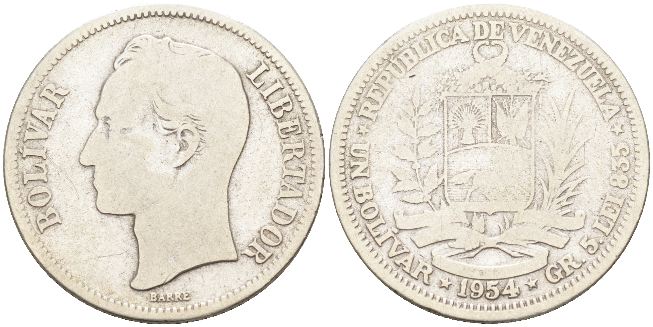 Венесуэла 1 боливар 1954 Р, Симон Боливар KM 37 серебро 4589-852