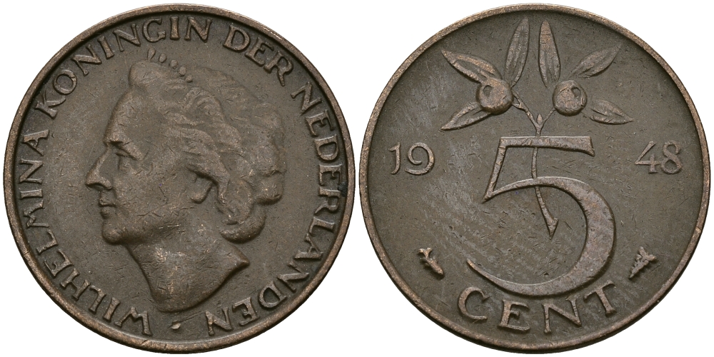 НИДЕРЛАНДЫ 5 ЦЕНТОВ 1948 ВИЛЬГЕЛЬМИНА KM 176 бронза 95-227