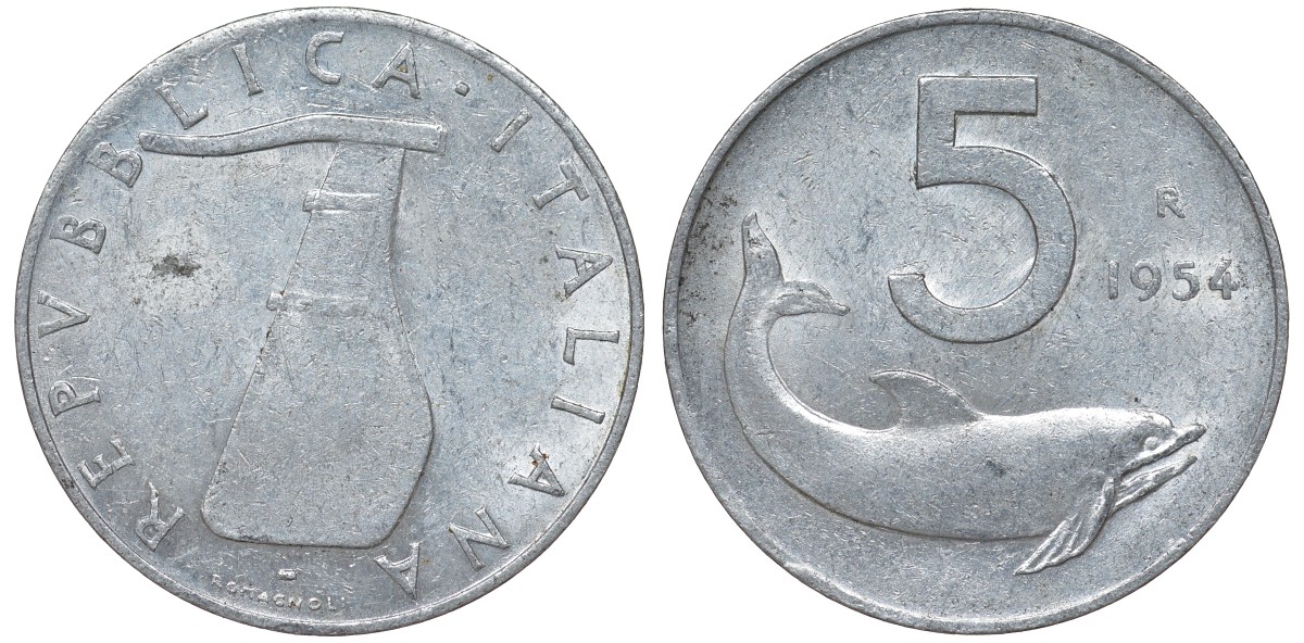 Италия 5 лир 1954 R, дельфин KM 92 алюминий 4164-418