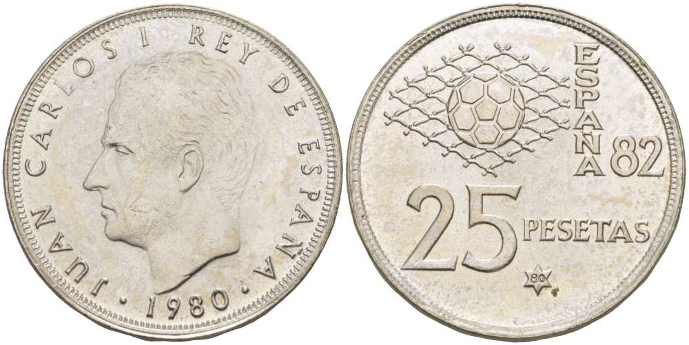 Испания 25 песет 1980 (80) чемпионат мира по футболу в Испании 1982 года, Хуан Карлос I (1975-) KM 818 медно-никель 3334-245