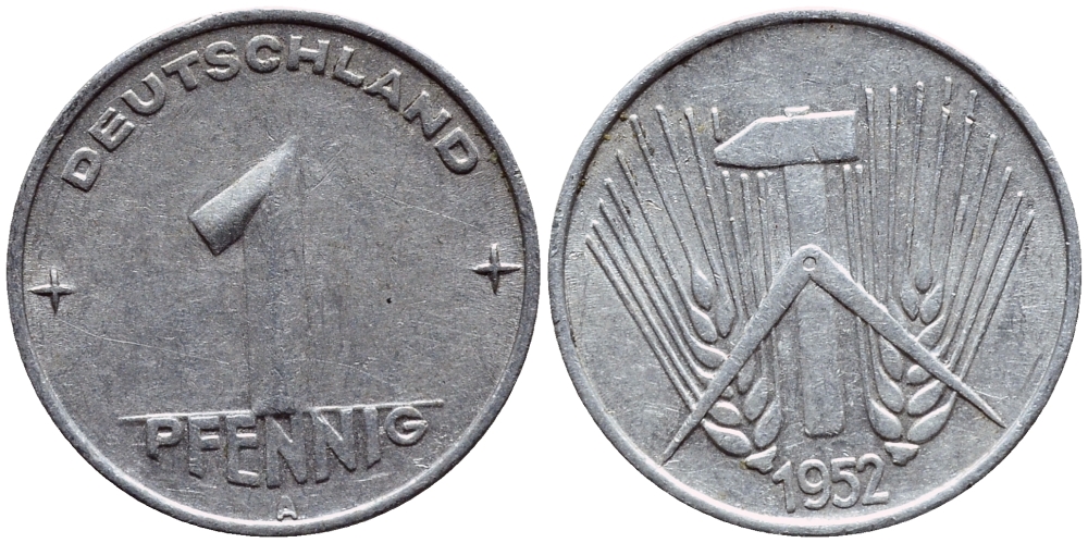 ГДР 1 ПФЕННИГ 1952 А KM 5 алюминий 4398-744