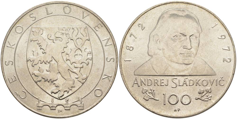 Чехословакия 100 крон 1990 100 лет со дня смерти Андрея Сладковича (1872-1972), пробная / проба серебро UNC 00-822-34
