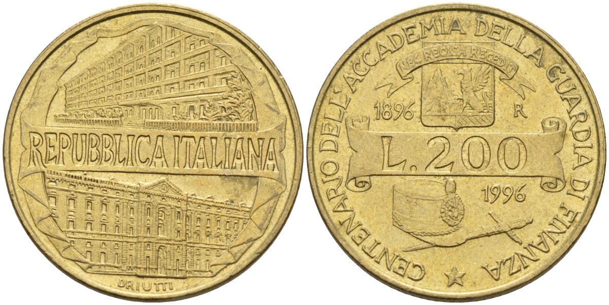 Италия 200 лир 1996 R, 100 лет Академии таможенной службы KM 184 алюминиевая бронза 4126-131