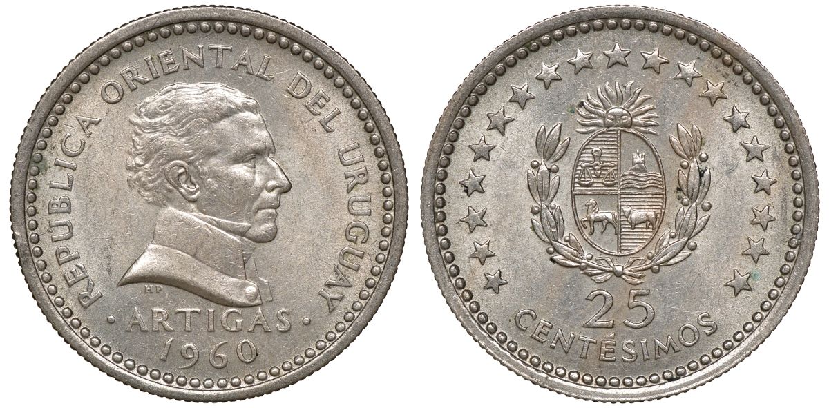 Уругвай 25 сентесимо 1960 KM 40 медно-никель 4169-869