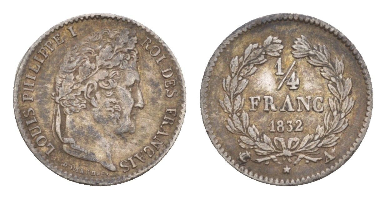 Франция 1/4 франка 1832 A, Луи-Филипп I (1830-1848) KM 740.1, Le Franc 166.14 серебро    1530-735