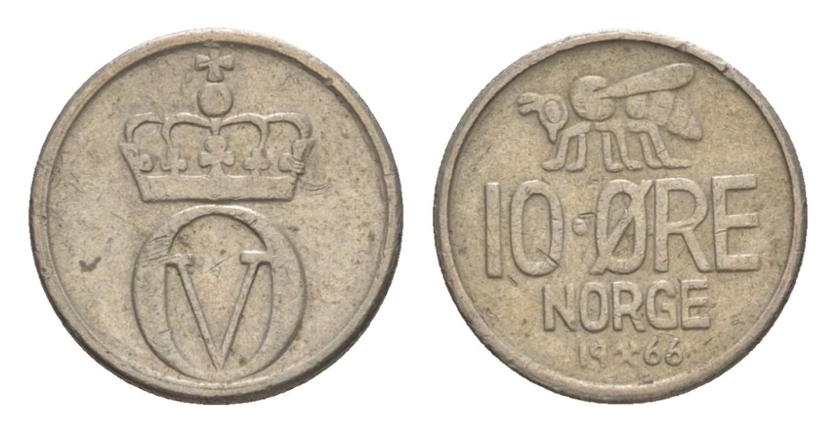 Норвегия 10 эре 1966 Улаф V (1957-1991) KM 411 медно-никель 4632-1153