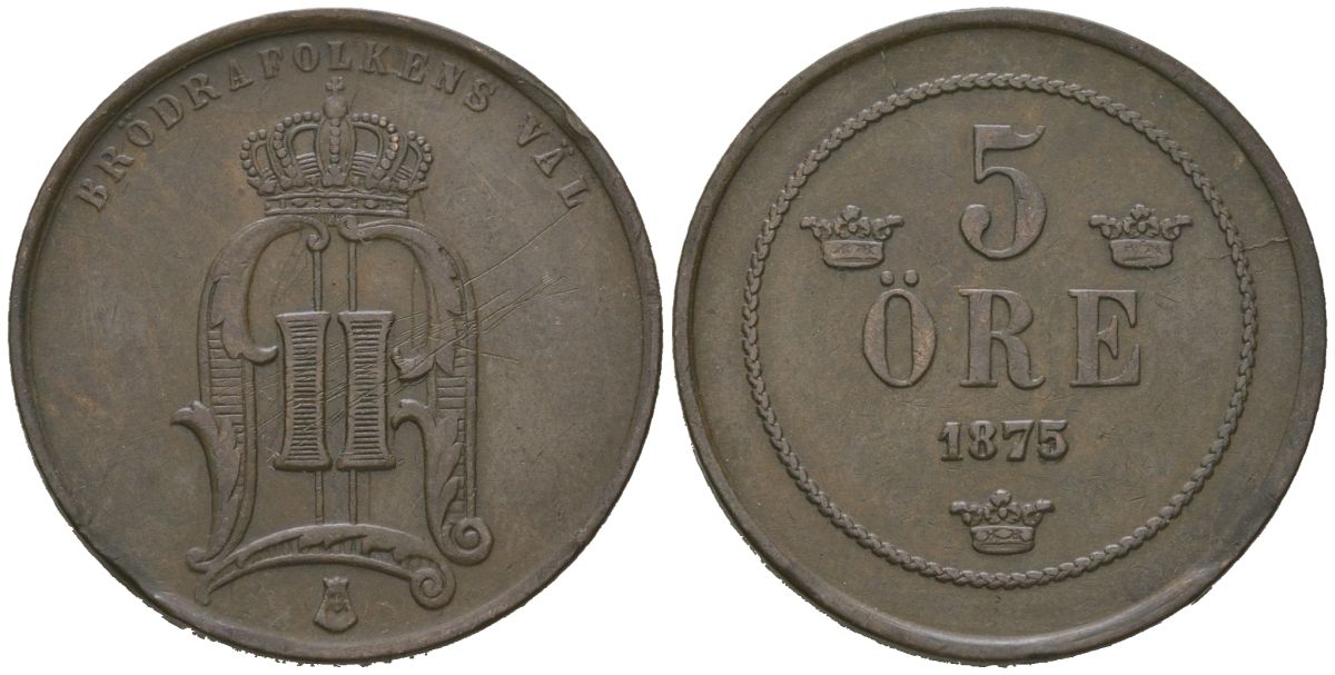 Швеция 5 эре 1875 Оскар II (1872-1907) KM 736 бронза 4175-114