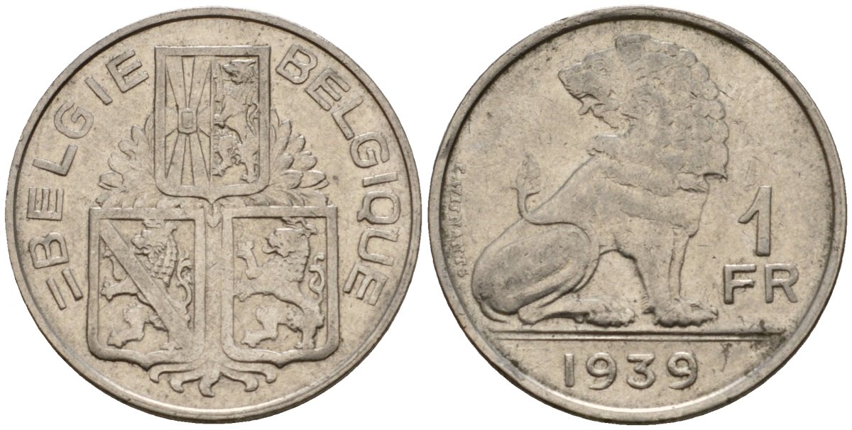 Бельгия 1 франк 1939 Belgie - Belgique KM 120 никель 217-543