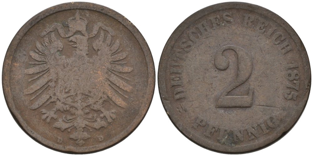 Германия 2 пфеннига 1875 D, старогербовка KM 2, J. 2 медь 4575-644