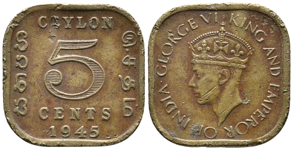 ЦЕЙЛОН 5 ЦЕНТОВ 1945 ГЕОРГ VI KM 113.2 никель латунь 100-1239