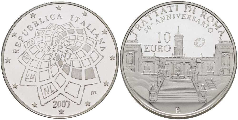 Италия 10 евро 2007 50 лет Римскому договору KM 295 серебро PROOF 02-040-43