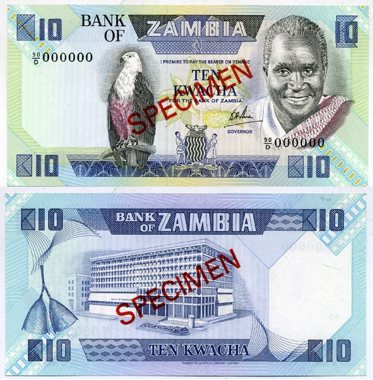 Замбия 10 квач ND (1980-88) Кеннет Каунда, Центральный банк. Образец, Specimen Pick 26s бумага UNC (пресс) 451-338-1