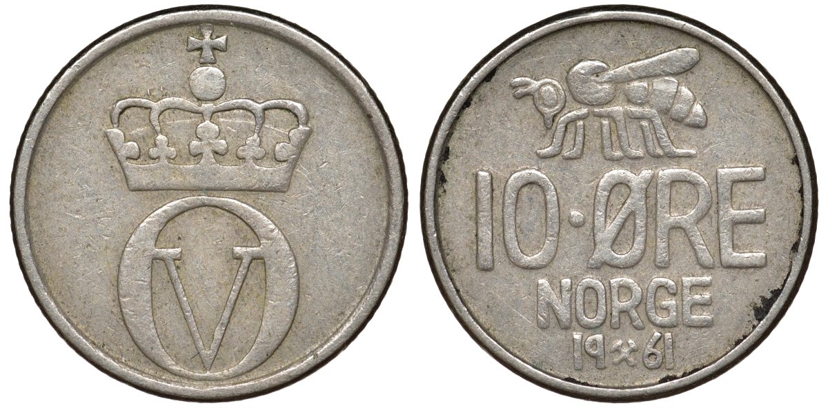 Норвегия 10 эре 1961 пчела KM 411 медно-никель 51-2844