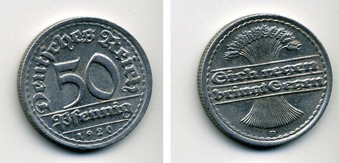 ГЕРМАНИЯ 50 ПФЕННИГОВ 1920 D KM 27, J. 301 алюминий 57-315