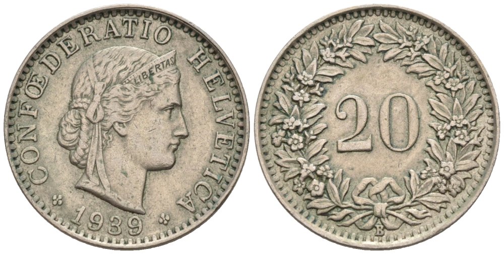 Швейцария 20 раппенов 1939 В KM 29 никель 4576-958