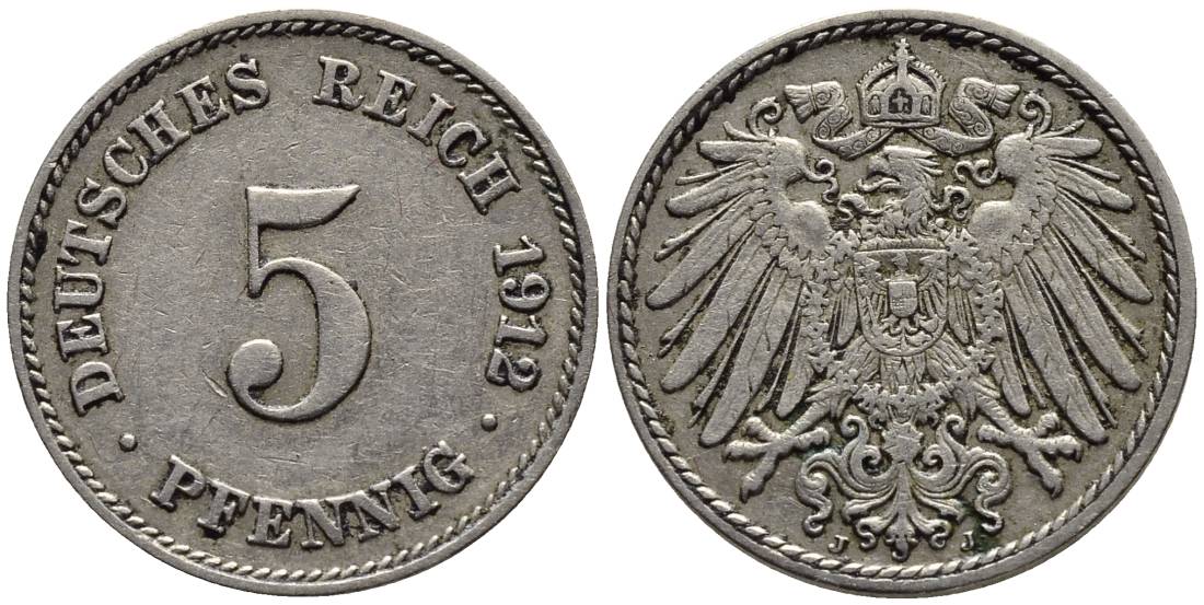 ГЕРМАНИЯ 5 ПФЕННИГОВ 1912 J KM 11, Jager 12, Weege 6 медно-никель 4547-532