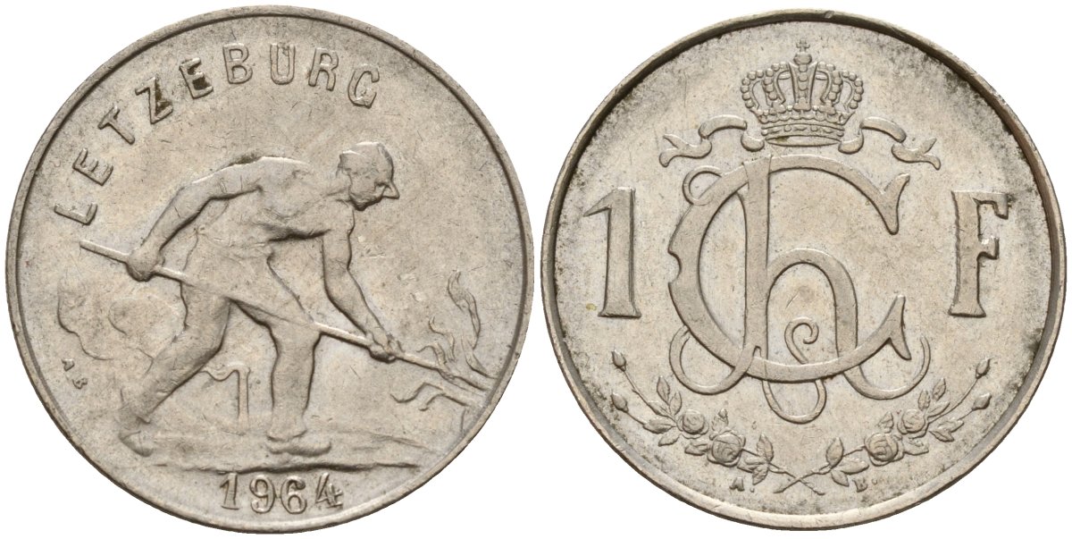 Люксембург 1 франк 1964 сталевар KM 46.2 медно-никель 4597-1144