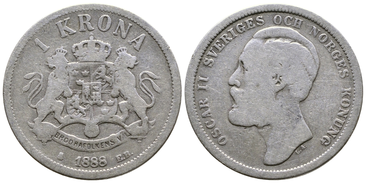 Швеция 1 крона 1888 EB, Оскар II (1872-1907) король Швеции и Норвегии KM 747 серебро 4178-452