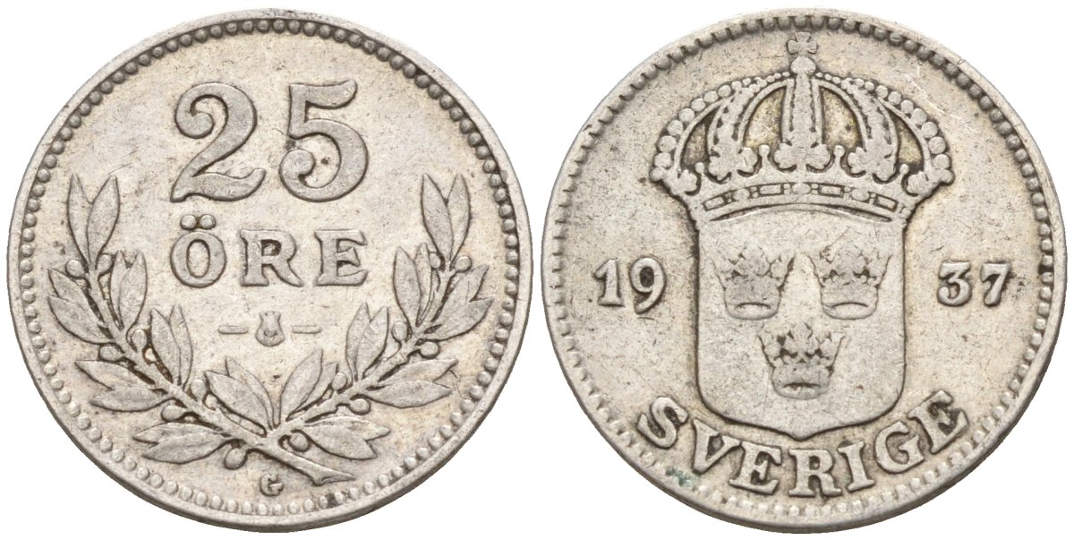 Швеция 25 эре 1937 G, Густав V (1907-1950) KM 785 серебро 4147-939
