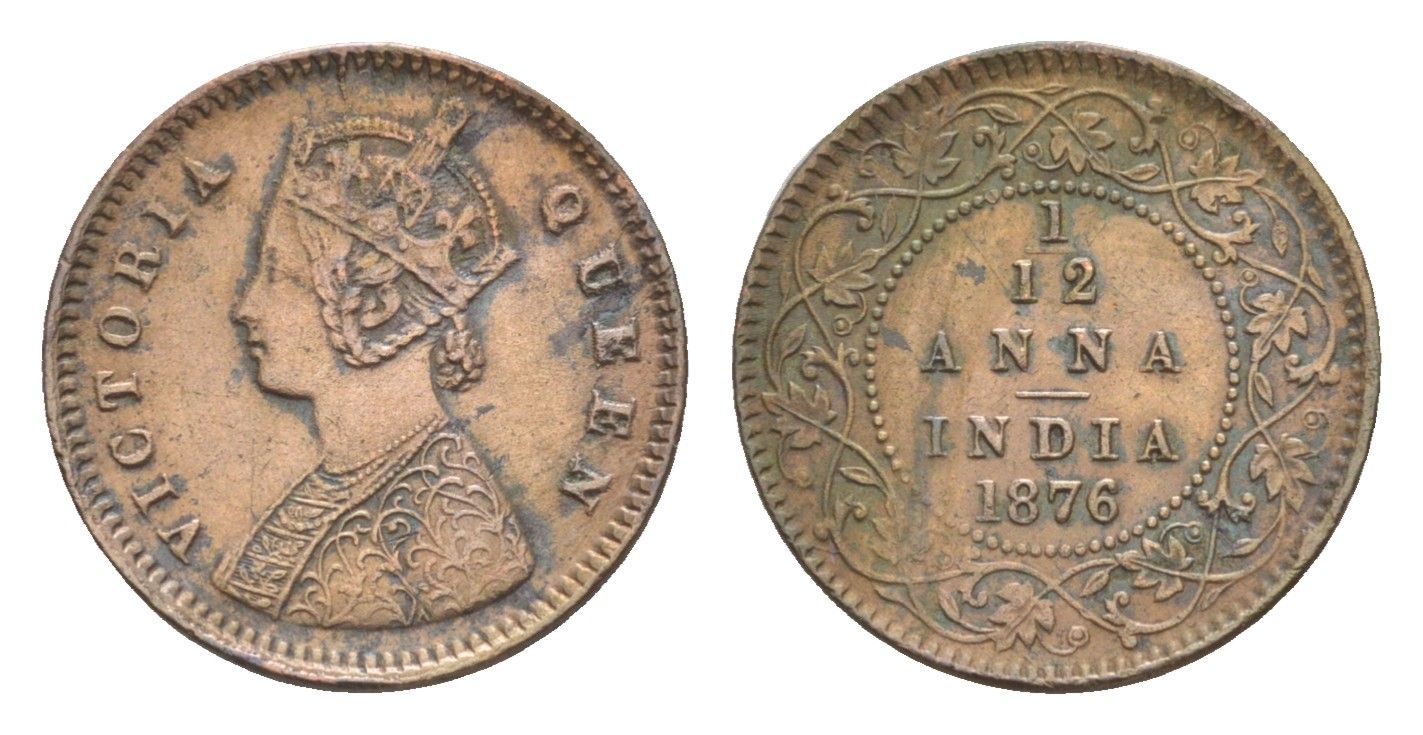 Британская Индия 1/12 анна 1876 Виктория (1837-1901) KM 465 медь    1528-1442