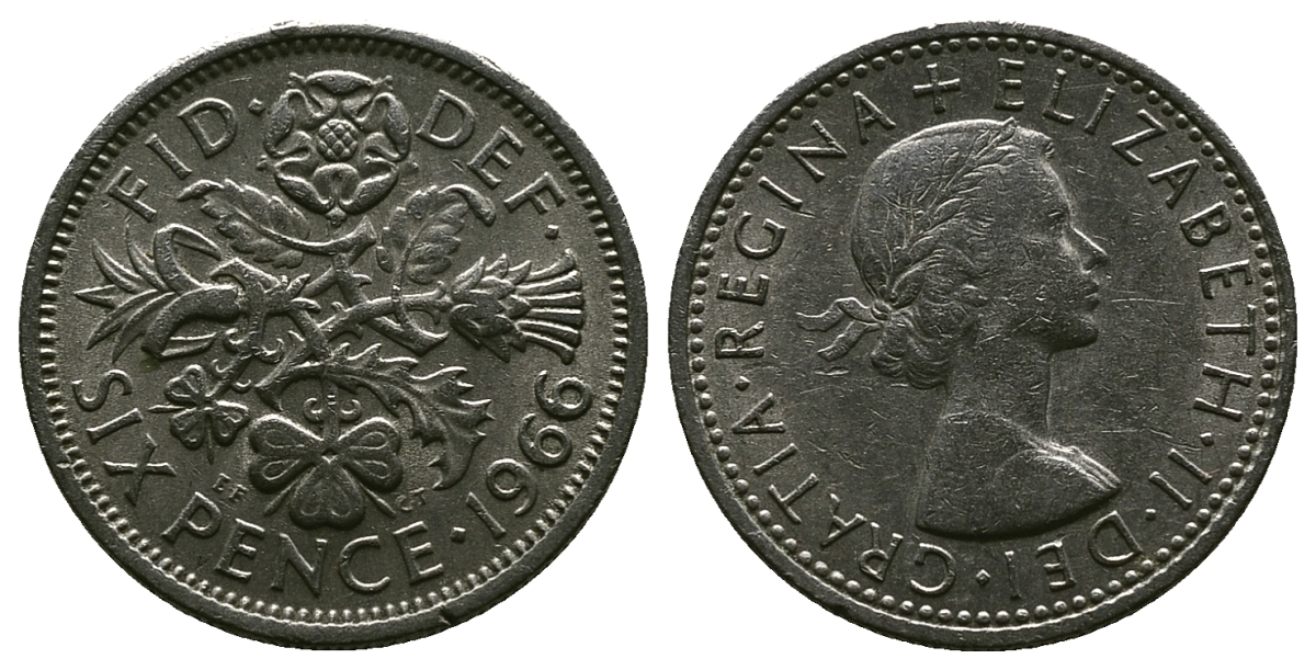 Великобритания 6 пенсов 1966 Елизавета II (1952-2022) KM 903, Spink 4149 медно-никель 4381-842