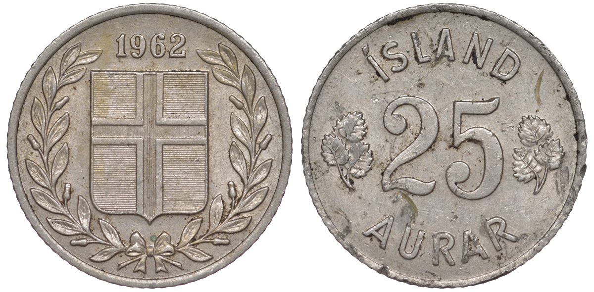 Исландия 25 эйре 1962 KM 11 медно-никель 4596-1265