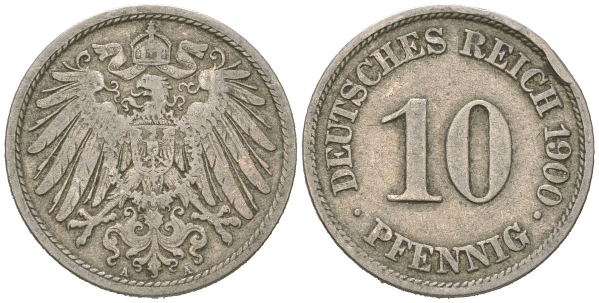 Германия 10 пфеннигов 1900 A, Вильгельм II (1888-1918) KM 12, J. 13 медно-никель 4615-746
