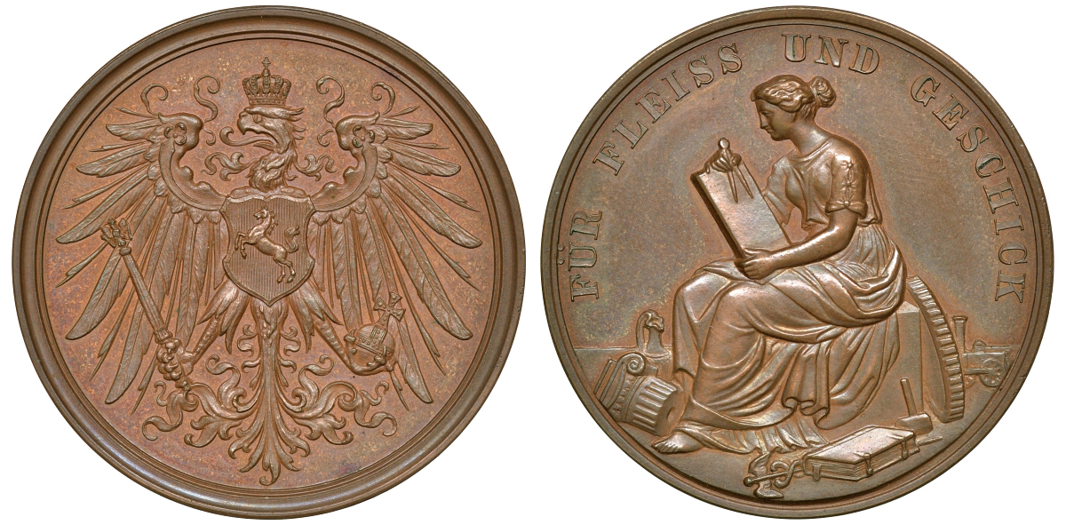 Германия поощрительная медаль XIX век, За усердие и мастерство, в родной коробочке, 36 мм, 19 гр бронза UNC 4-5-3-16