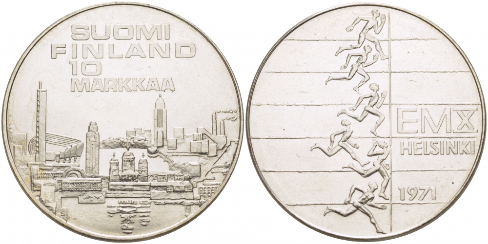 Финляндия 10 марок 1971 S-H, X Чемпионат Европы по легкой атлетике KM 52 серебро UNC 1515-1344