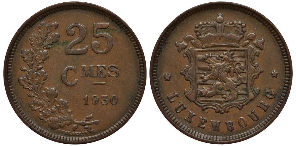 Люксембург 25 сантимов 1930 великая герцогиная Шарлотта (1919-1964) KM 42 бронза 4538-831