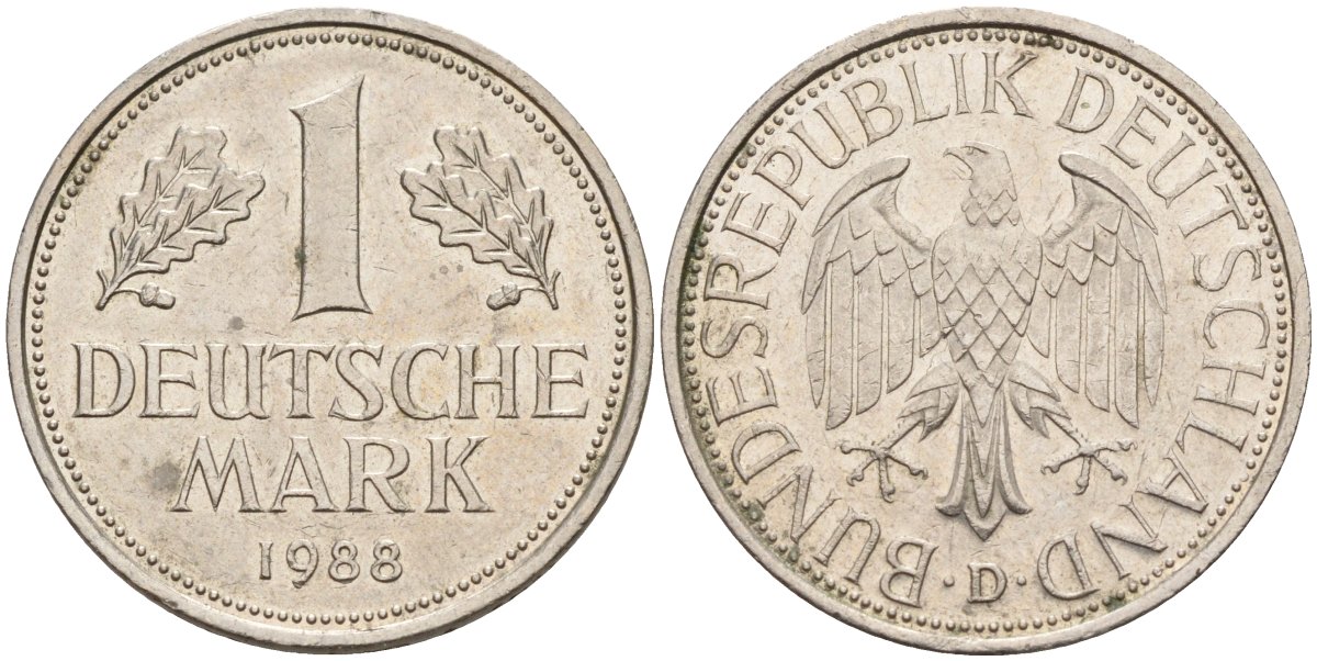 ФРГ 1 марка 1988 D KM 110, J. 385 медно-никель 4177-1243