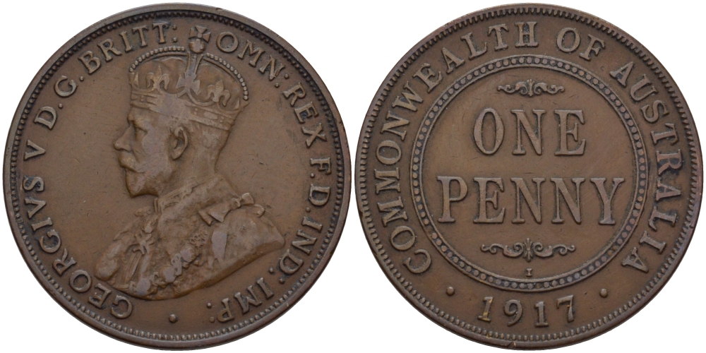 АВСТРАЛИЯ 1 ПЕННИ 1917 ГЕОРГ V KM 23 бронза 82-711