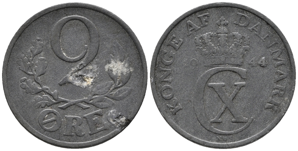ДАНИЯ 2 ЭРЕ 1944 N; S, КРИСТИАН X (1912-1947) KM 833a цинк 67-153