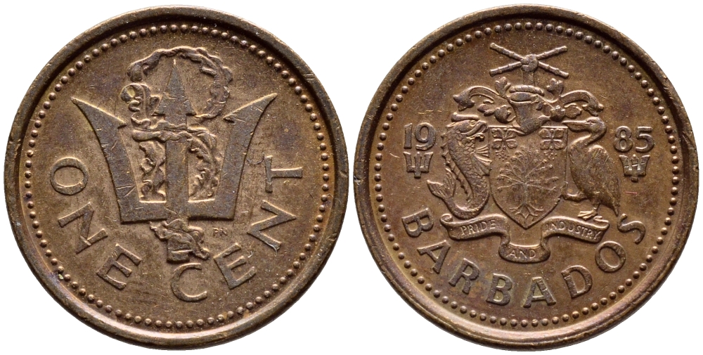 Барбадос 1 цент 1985 сломанный трезубец Британии KM 10 бронза 4396-1263
