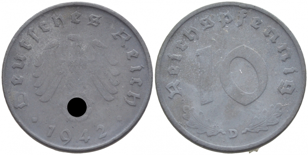 ГЕРМАНИЯ 10 РЕЙХСПФЕННИГОВ 1942 D KM 101, J. 371 цинк 4402-616