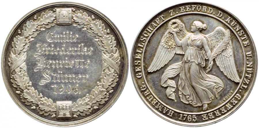 Гамбург медаль 1906 медальер Voigt, ангел с венком и пером в руках, Эмиль Фридидерик, Генриетта Штюмер 1906, диаметр 33,5 мм., вес 14,9 гр серебро PROOFLIKE 11-119-12