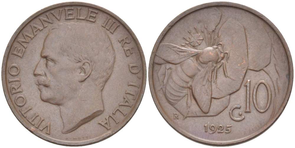 ИТАЛИЯ 10 ЧЕНТЕЗИМО 1925 R, МОНДВОР РИМ, ВИКТОР ЭММАНУИЛ III (1900-1946) KM 60 медь 4525-255