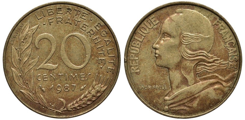 Франция 20 сантимов 1987 тип Marianne KM 930, Le Franc 156.27 медь алюминий никель 186-856