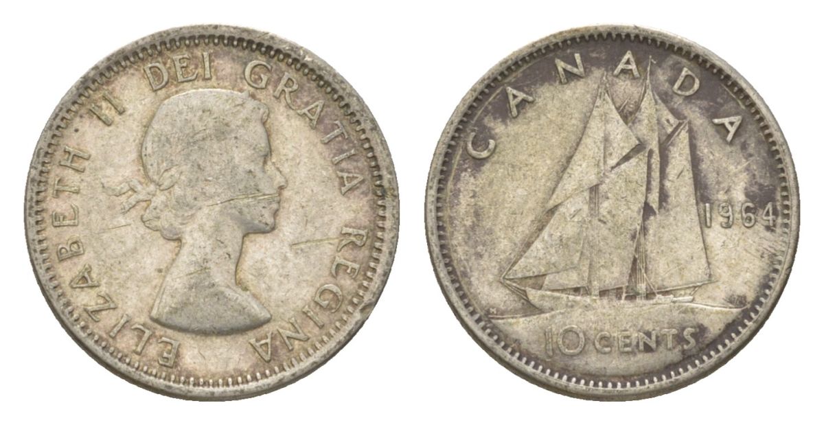 Канада 10 центов 1964 Елизавета II (1952-2022), парусник KM 51 серебро 4623-939