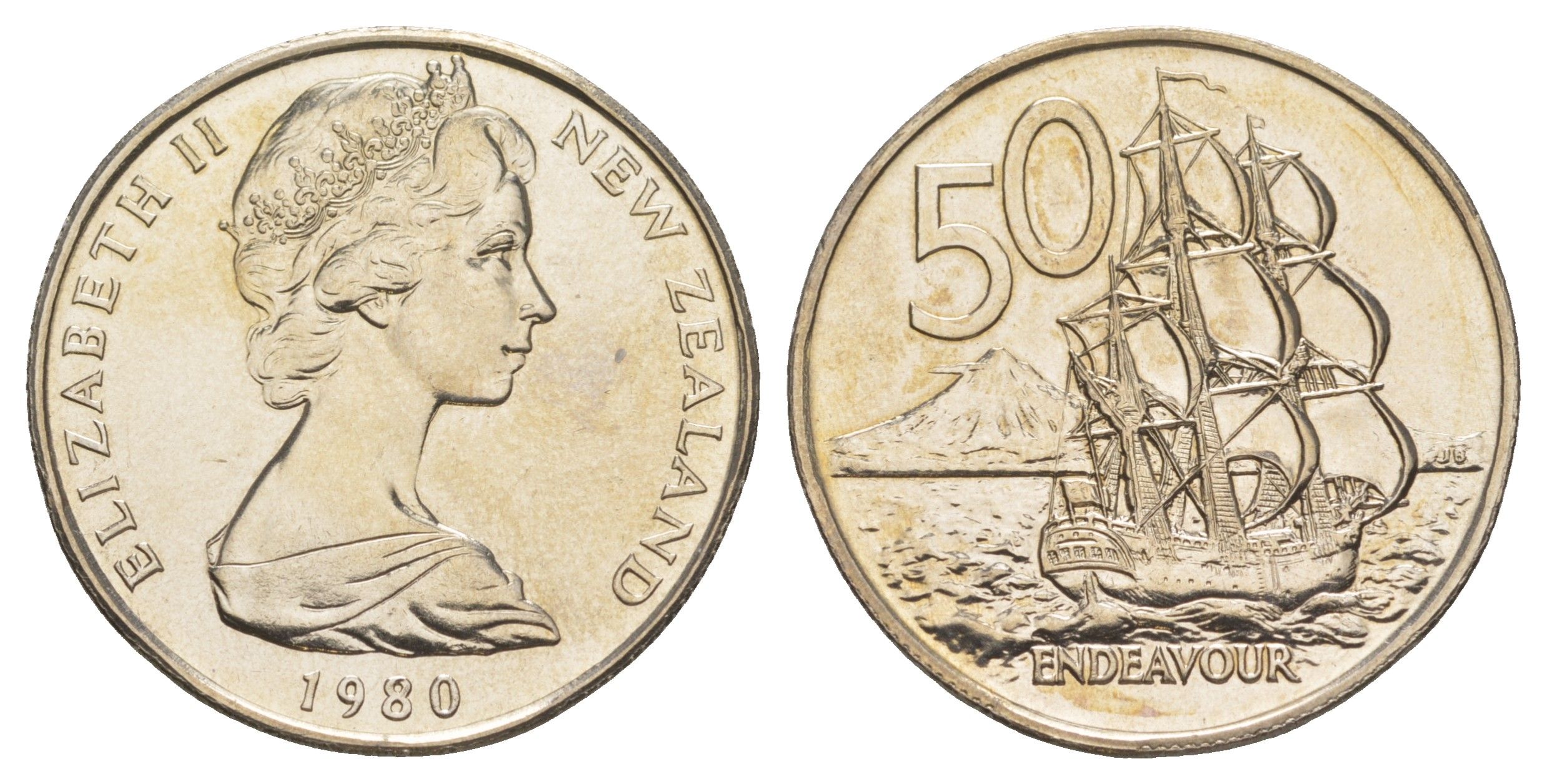 Новая Зеландия 50 центов 1980 Елизавета II (1952-2022), парусник Индевор, тираж 27.000 экземпляров KM 37 медно-никель BU 189-746