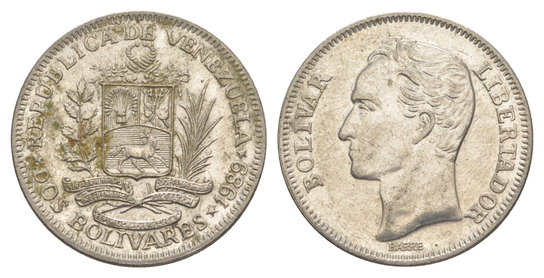 Венесуэла 2 боливара 1989 Симон Боливар Y 43a сталь плакированная никелем 4583-331