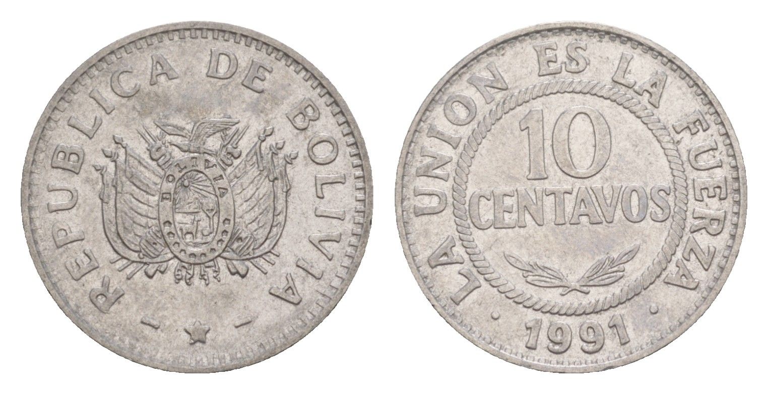 Боливия 10 сентаво 1991 KM 202 нержавеющая сталь 4649-838